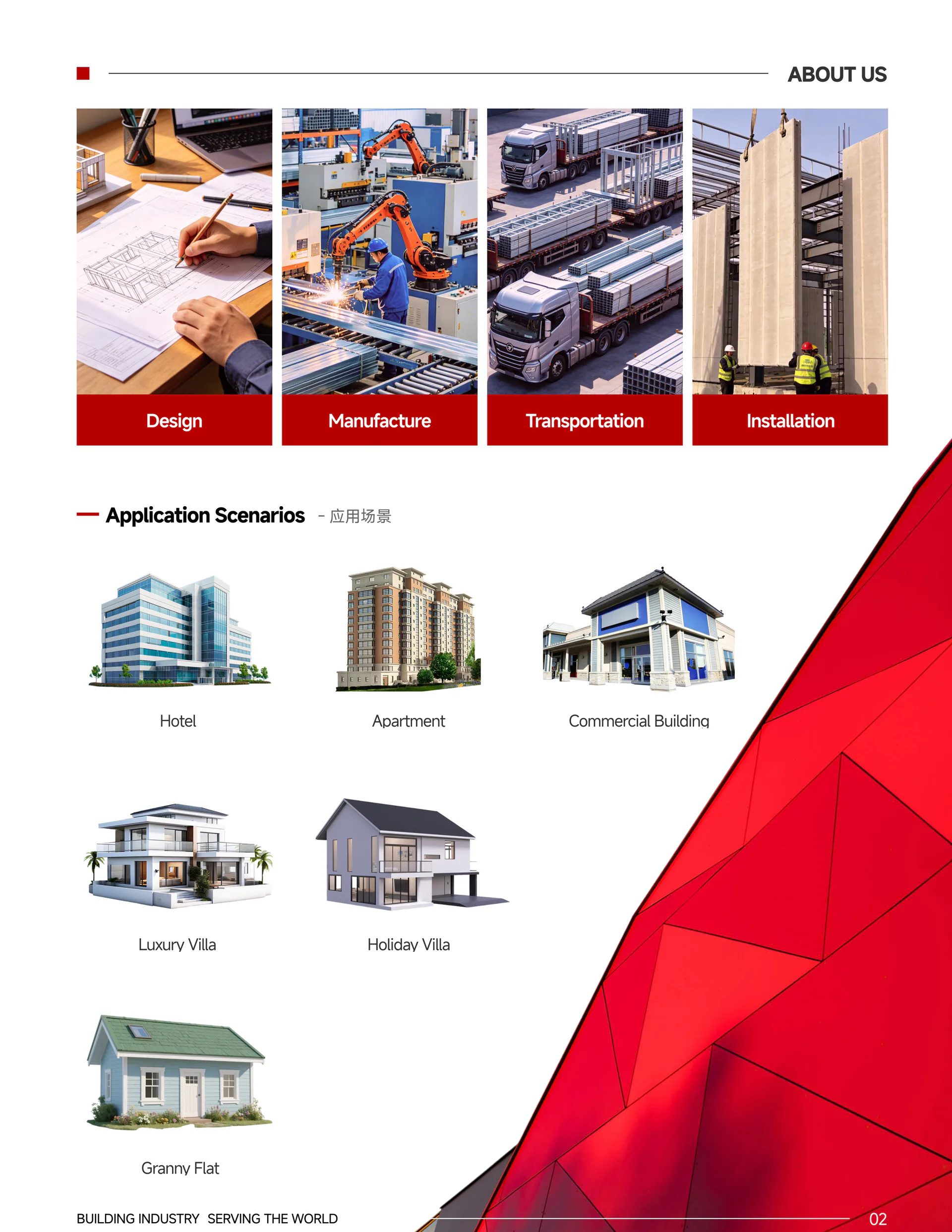 CAPSTONE brochure spread showing design, manufacturing, transport, installation and building applications
