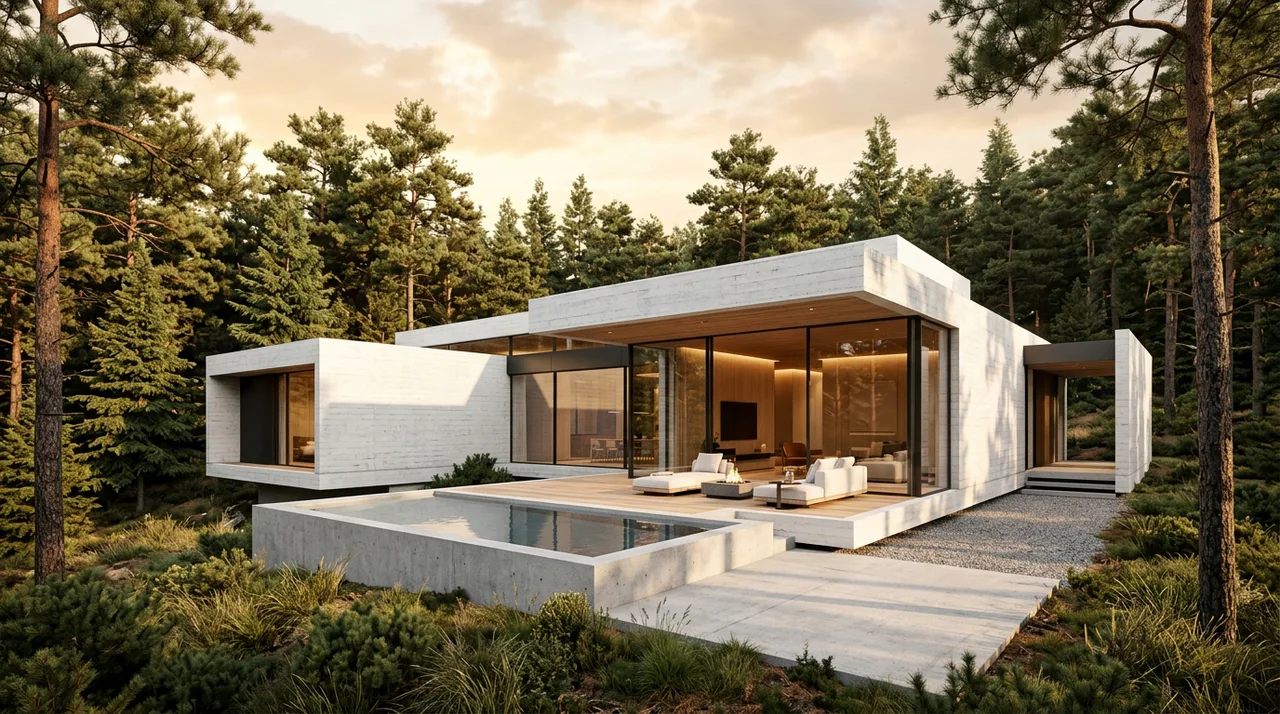 Contemporary prefabricated villa concept in a forest setting