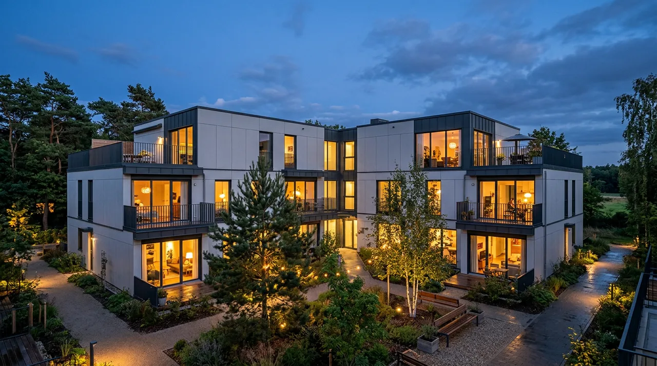 Multi-unit residential building concept at dusk