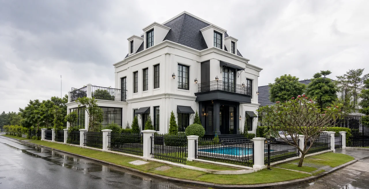 Completed European-inspired villa photographed from a residential street after rain