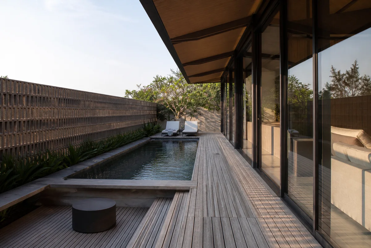 Pool courtyard of the 120 square metre prefabricated steel villa in Bali