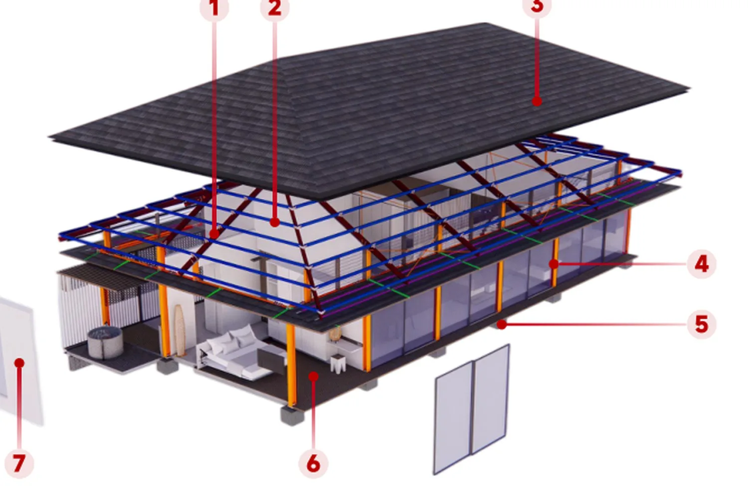 Exploded diagram of the Unit S steel structure building system